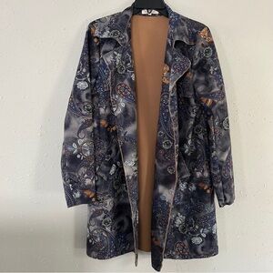 Solitaire Faux Suede Paisley Retro 70s Duster Jacket Blue Brown Casual Large